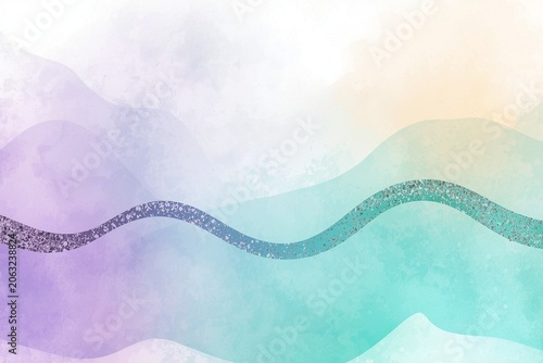 Pastel blue purple lilac lavender green turquoise agua teal yellow beige white abstract background. Color gradient ombre. Noise grain granular particle spray. Line wave. Light soft pale. Metallic foil