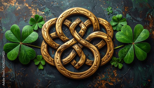 A gold knot design intertwines with shamrocks on a dark background