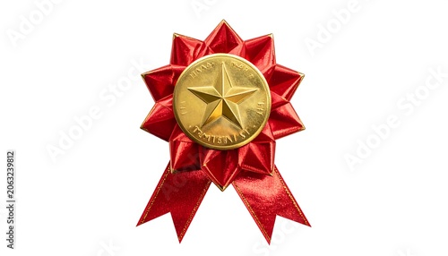 A gold medal with a star on a red satin ribbon rosette