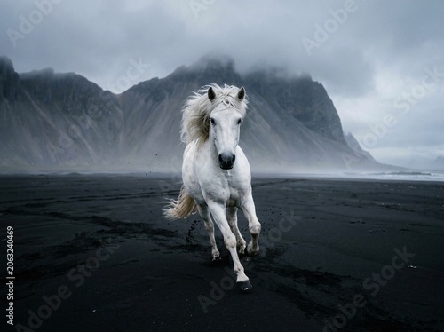 Fotografie Majestic white horse gallops with speed and power across the dark volcanic sand
