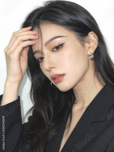 Elegant portrait of a chinese asian japanese korean woman with long hair in a black blazer on a white background