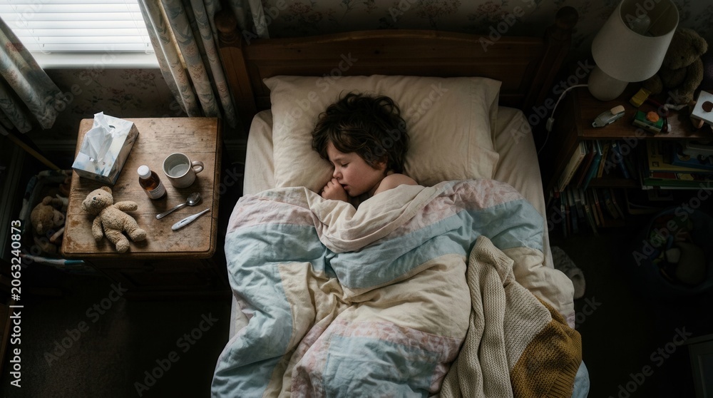 Fototapeta premium Child Comfortably Sleeping While Recovering From Illness In Bed
