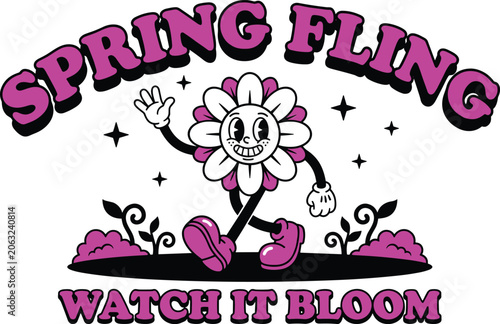 Canvas-taulu Retro cartoon flower character walking with text spring fling and watch it bloom