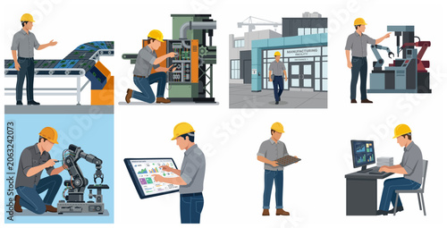 Industrial engineering and smart manufacturing vector illustration set featuring technicians working with robots, automation, electronics, and control systems in a factory.