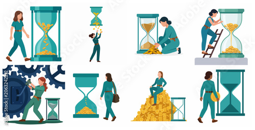 Foto Time is Money Concept Vector Illustrations of Businesswoman Managing Wealth and