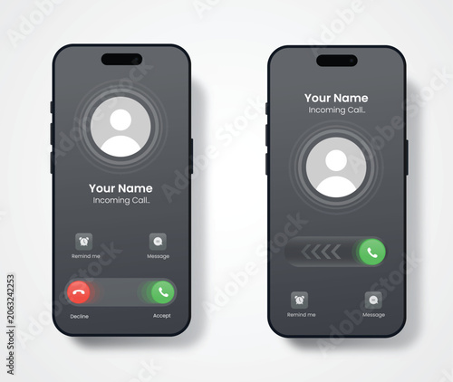 Phone Call Screen Concept UI Set with Realistic Blurry Background. Incoming Call Screen Template