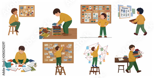 Set of illustrations depicting a young boy engaged in school research, data analysis, bibliography organization, and creative brainstorming for an academic project