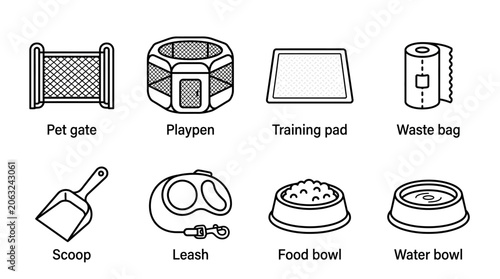 Dog Care Essentials: Pet Gate, Playpen, Leash, Bowls, Scoop, Pad, Waste Bag Icons