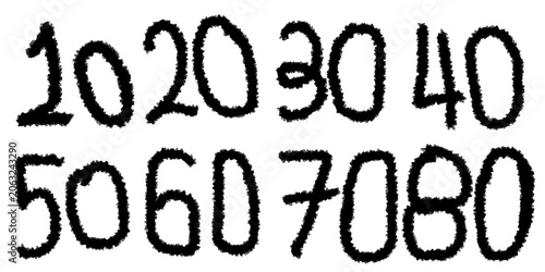 Fotografie Handwritten Numbers: A collection of handwritten numbers, from 10 to 80, presented in two rows against a stark background