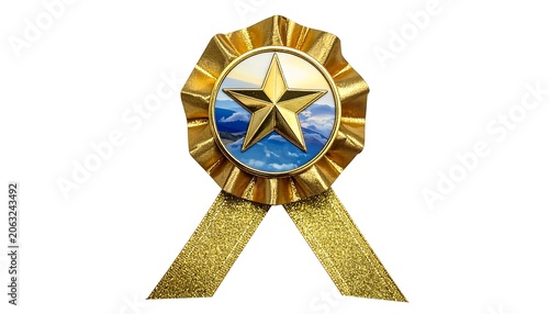 A gold rosette award ribbon with a star and ocean scene