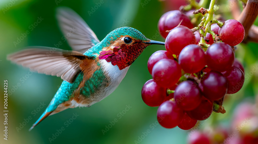 Fototapeta premium Tiny colorful hummingbird hovering near ripe red grapes on vine, wildlife macro with soft green garden background