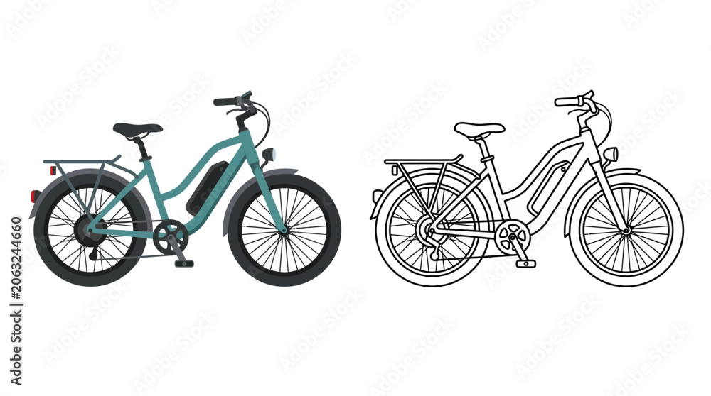 Fototapeta premium Electric bicycle illustration colored and monochrome versions on white background