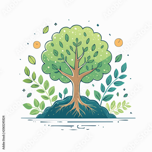 Stylized Tree with Visible Roots and Green Leaves