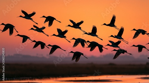 A flock of long-legged birds flying across a vivid sunset sky above open wetlands, awe-filled mood, warm backlight, wide panoramic composition with layered silhouettes.