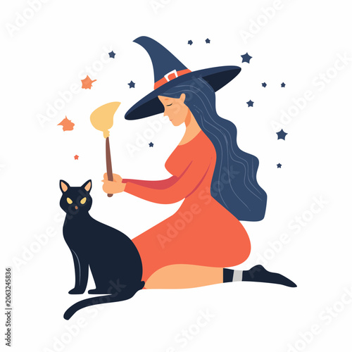 Witch and Black Cat with Magic Wand
