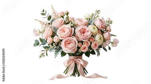 Elegant bouquet of soft pink garden roses with green foliage and as transparent cutout