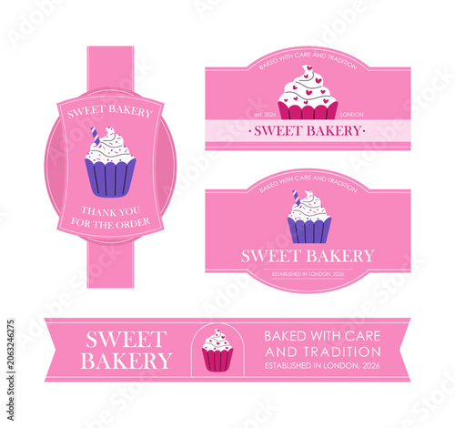Pink bakery labels with cupcake. Bakery branding and packaging design. Vector templates of pastry shop identity isolated on a white background.