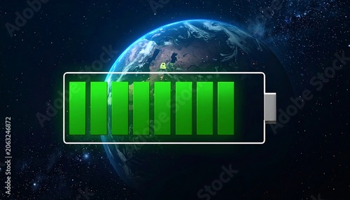 A green battery icon with seven bars is superimposed over a stunning view of the Earth from space, with a starry background