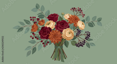 Autumn Floral Bouquet, Burgundy, Orange, Cream Roses, Berries, Green Leaves