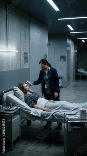 Concerned Nurse Checks Patient's Temperature in Modern Hospital Room