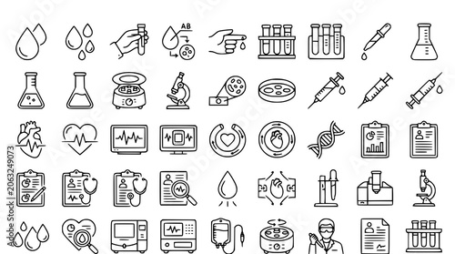 Blood and medical icon set with laboratory testing cardiology and DNA symbols