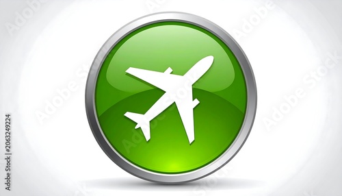 A green circle with a white airplane inside a gray border