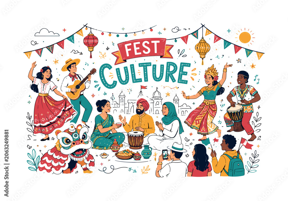 Fototapeta premium Cultural festivals. Vibrant celebration with diverse people sharing traditions, music, dance and decorative elements flowing through a festive open-air scene. Joyful and inclusive atmosphere, subtle