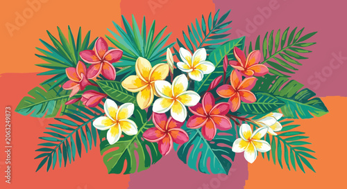 Tropical Floral Arrangement with Plumeria and Palm Leaves