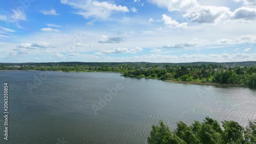 Peaceful Summer Lake View with Trees and Grassy Shore