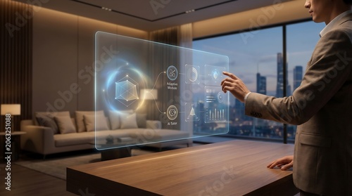 Executive engaging with futuristic transparent display, utilizing innovative virtual interface for smart home automation and advanced business management in a modern cityscape penthouse
