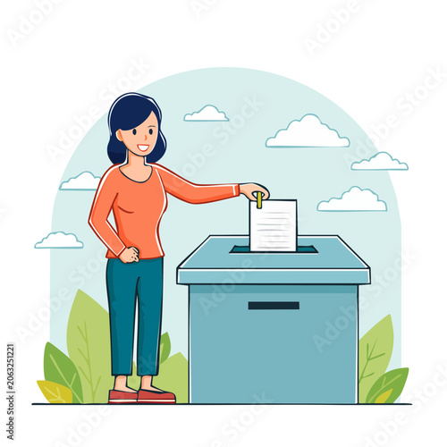 Woman casting vote in ballot box illustration