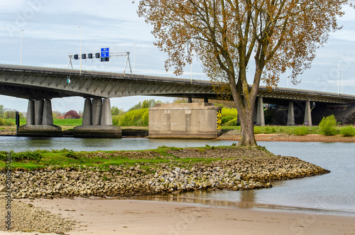 Vianen, The Netherlands, April 15, 2026: tree on a peninsula in the Lek river with the bridge in the background