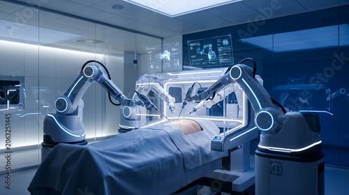 Futuristic robotic surgery in a high-tech operating room, showcasing advanced automation and artificial intelligence for precise medical procedures and healthcare innovation