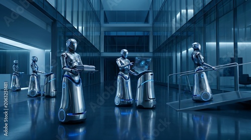 Humanoid service robots navigate sleek, futuristic corporate interior, showcasing intelligent automation and efficiency for smart modern workplaces