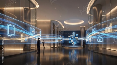 Futuristic digital networks within a modern smart building, showcasing global data connectivity, efficient cloud computing, and information flow
