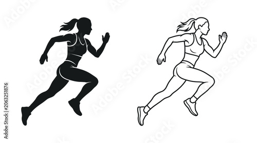 Photos Running woman silhouette and line art on a white background