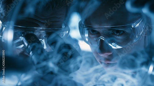 Scientists observe swirling microorganisms in a petri dish under a microscope, curious mood, cool blue laboratory lighting, tight composition with blurred motion trails.