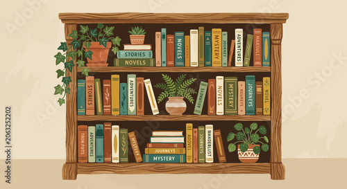 Cozy Bookcase with Potted Plants: A World of Knowledge and Relaxation