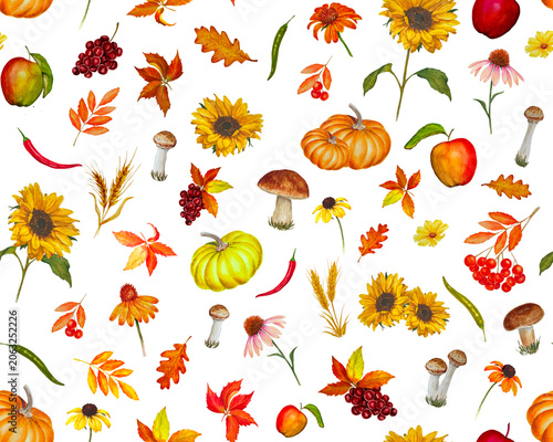 Autumn watercolor seamless pattern set  with pumpkins, sunflowers and leaves.