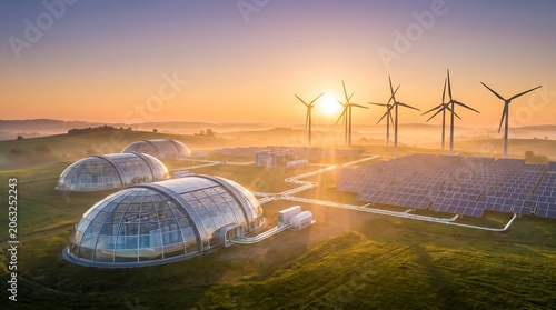 Visionary sustainable energy complex featuring advanced geodesic domes, extensive solar farms, and wind turbines, representing future eco-commerce and resource efficiency
