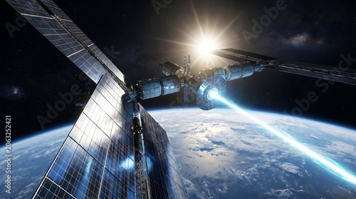 Advanced orbital station with vast solar arrays beaming energy towards Earth, illustrating futuristic space technology and sustainable resource management for global progress