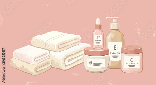 Skincare routine, beauty products, clean towels, self-care, pampering, spa aesthetic