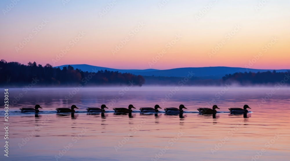 Naklejka premium Mallard ducks swim in line across calm lake at sunrise. Mist rises from water surface over forest hills. Colorful sky hues blend with gentle waves.