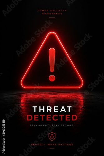 Cyber Security Threat Detected Alert with Glowing Red Warning Sign on Dark Background