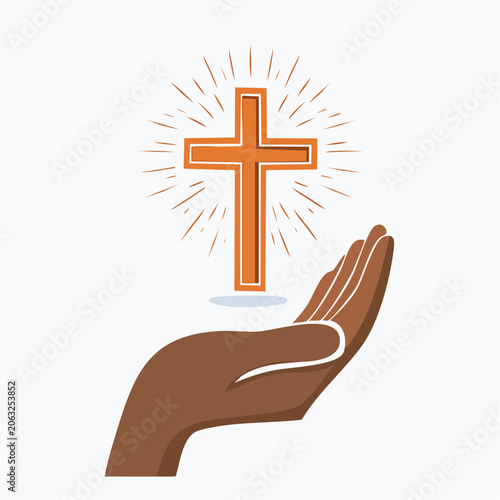 Christian Cross Held in Open Hand with Rays of Light