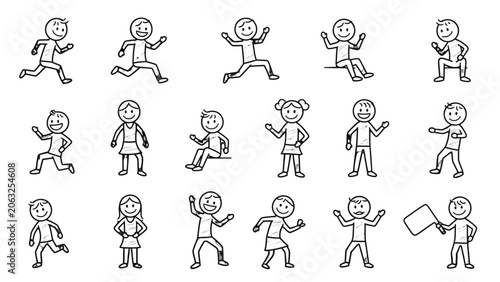 Large set of diverse stick figures depicting various actions and poses, including running and holding a sign, on an isolated white background.
