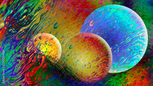 Glossy Colorful Spheres Over Swirling Psychedelic Liquid Paint Abstract Background