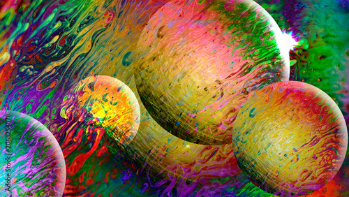 Large Colorful Glossy Spheres with Bright Lens Flare Over Rainbow Swirl Abstract Background