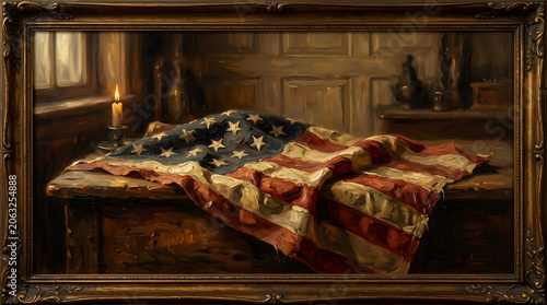 american flag on wall frame, vintage oil painting, illustration wallpaper 
