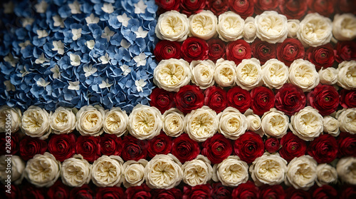 Flowers arranged in pattern of American flag background, blue hydrangea, red and white roses